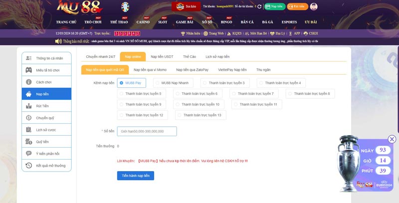 Hướng dẫn cách nạp tiền Mu88 từ A đến Z