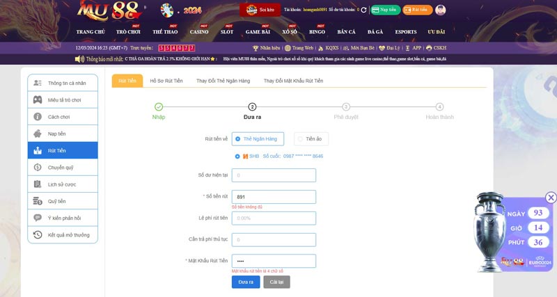 Hướng dẫn cách rút tiền Mu88