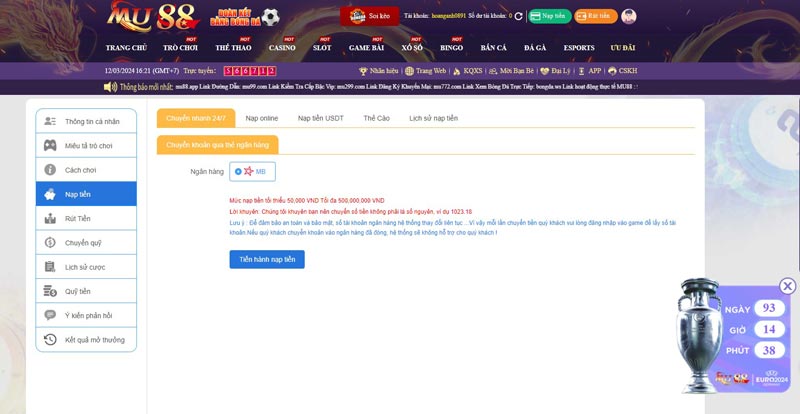 Những lưu ý khi nạp tiền tại Mu88